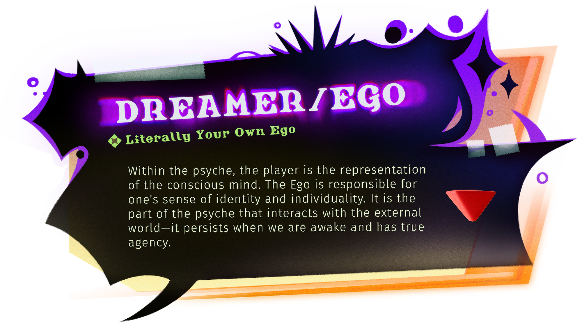In-game dialogue UI explaining the Dreamer/Ego concept