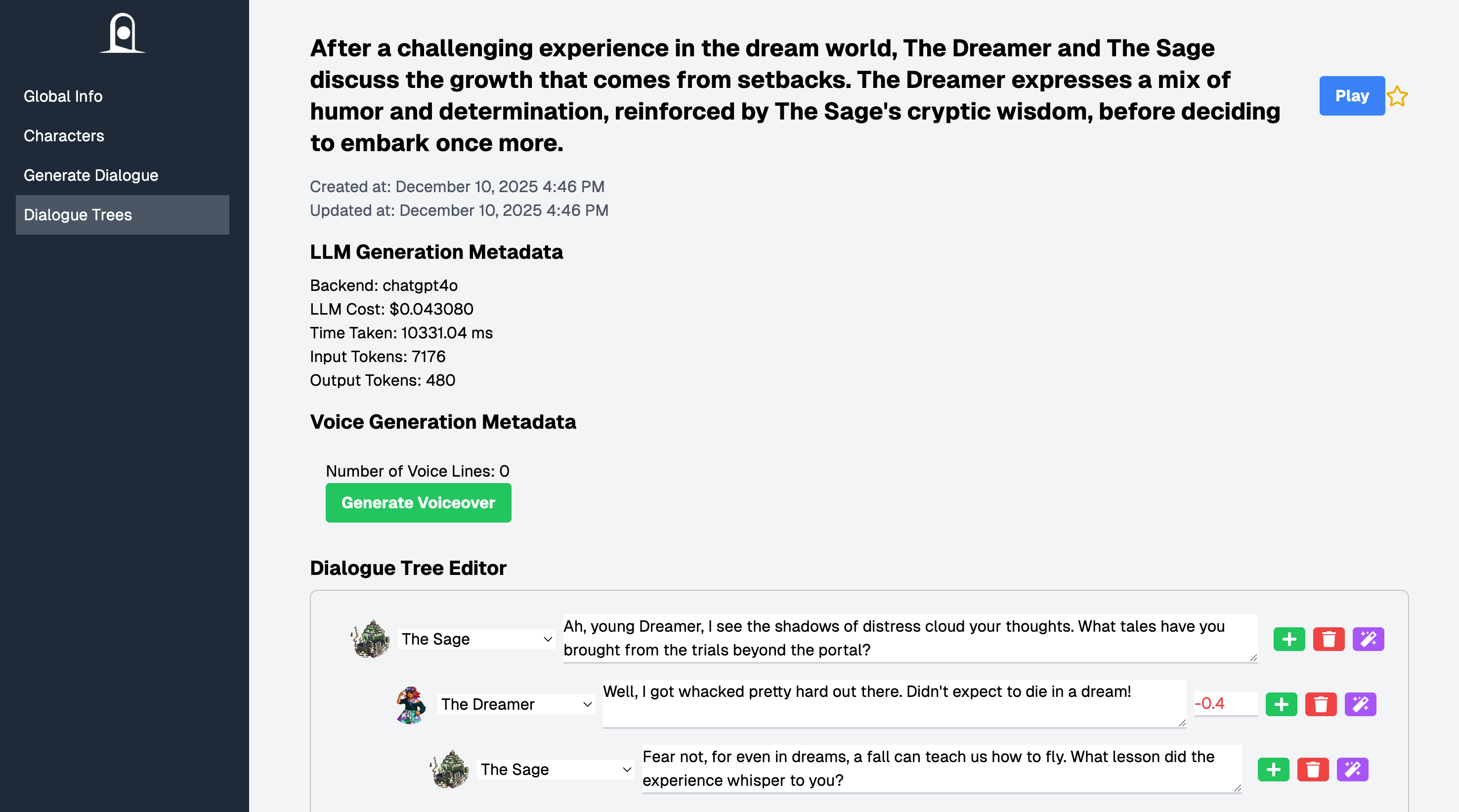 Generated dialogue tree showing a conversation between The Sage and The Dreamer